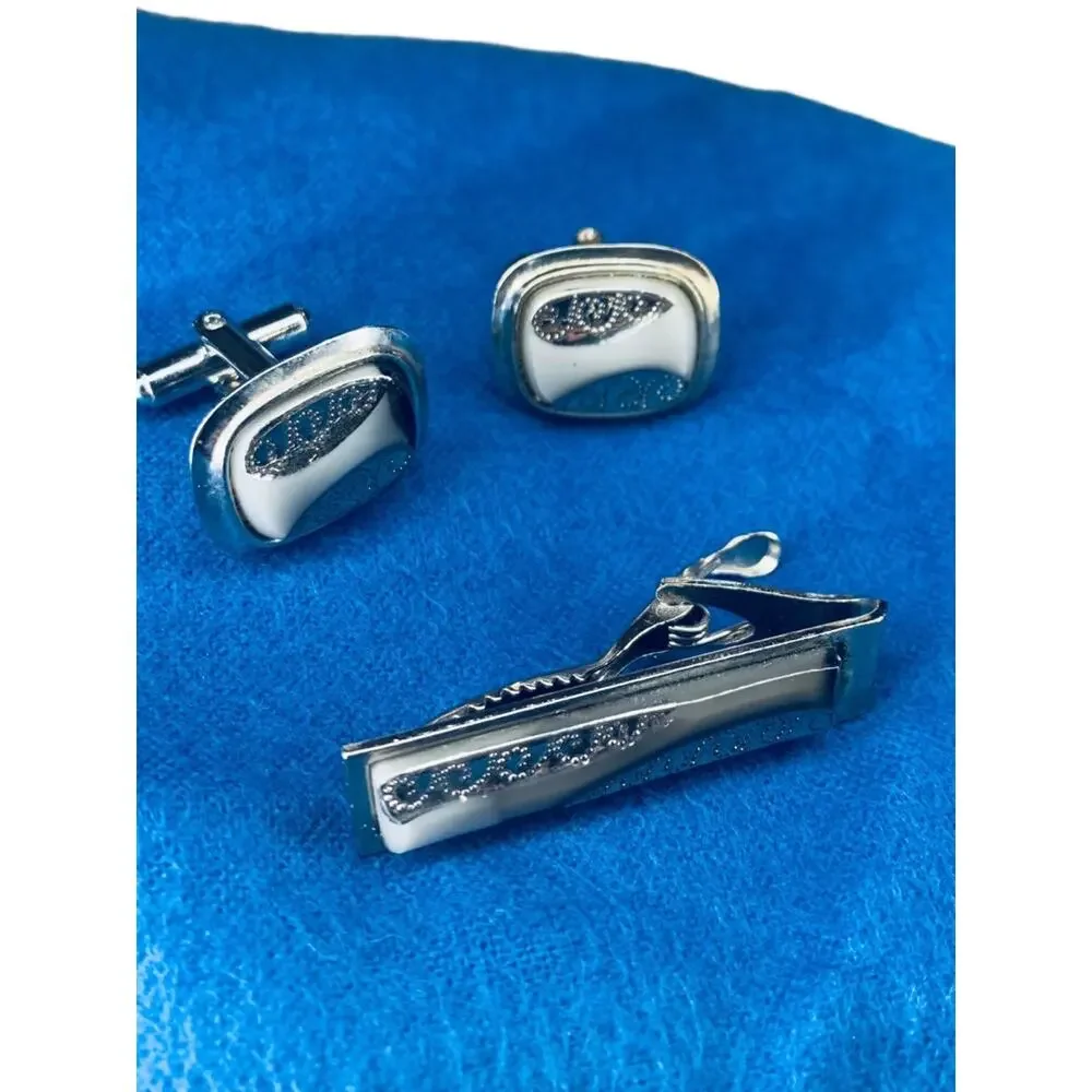 Mens Tie Clip and Pair Cufflinks Set Vintage 1960s Silvertone Gray Stone